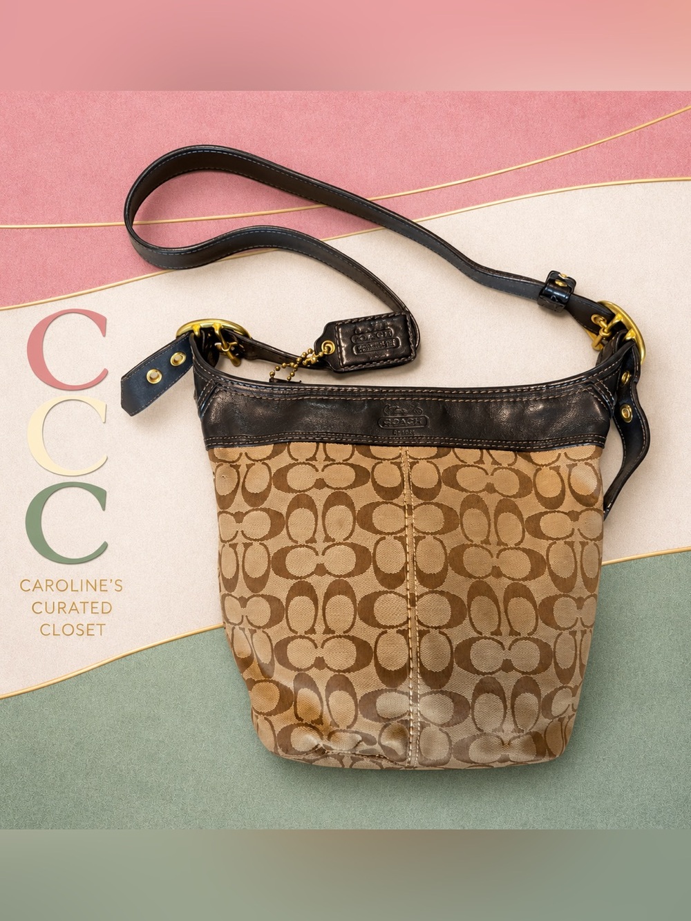 Coach Vintage Y2K Signature Jacquard Leather Trim Hobo Bag Brown